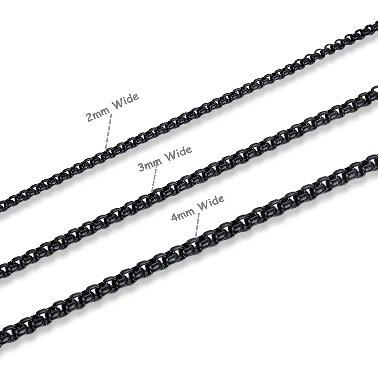 USENSET 2MM 3MM 4MM Mens Womens Stainless Steel Black Rolo Cable Chain High Quality Box  Necklace  18-36 Inch