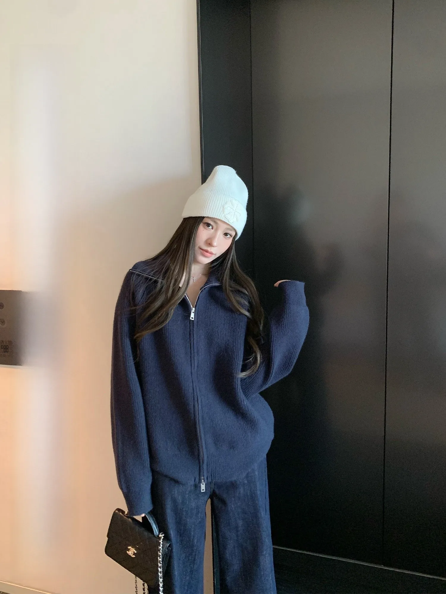 

Hhi Korean Sle High Collar Knitted Sweater Coat Women's Autumn Winter Loose Fit Double Zipper Cardigan Long Sve Thiened