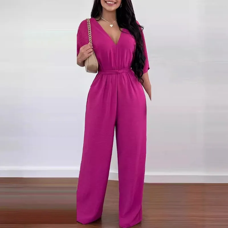 

2024 Spring Summer New Women's Clothing Solid Color V-neck Backless Lace-up Waist One-Piece Trousers