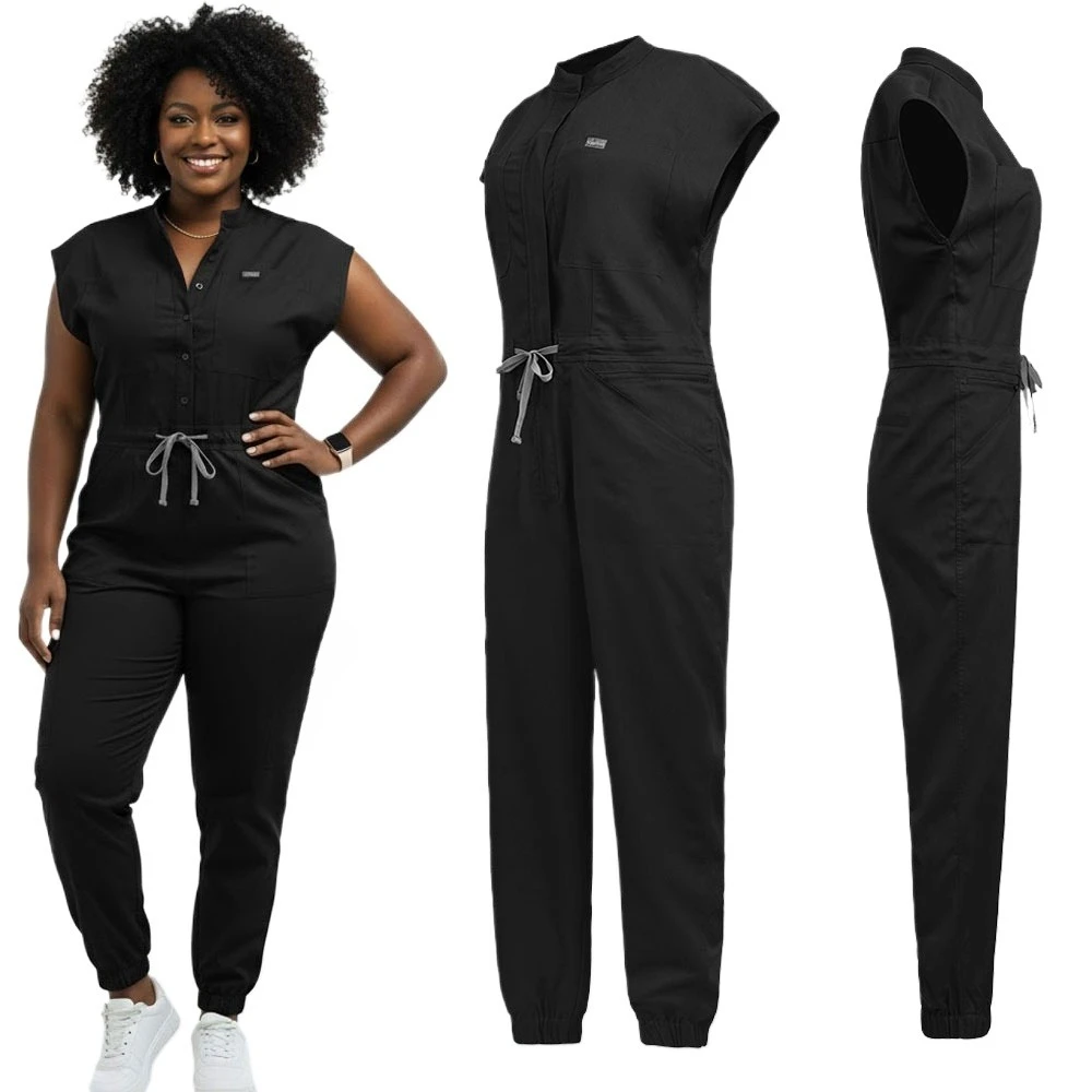 

Women's Chic Zipper Scrub Set Stand Collar Top with Flutter Sleeves Modern Healthcare Uniform for Nurses Doctors