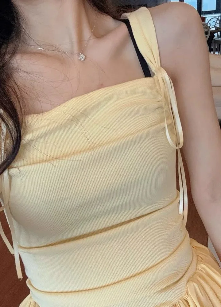 فستان نسائي صيفي أصفر حلو من مزيج القطن عالي الخصر تنورة مكشكشة Strapl Dr طباعة الأزهار ort طول ألف خط Silhou...