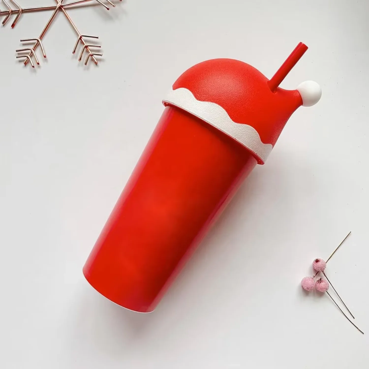 Christmas Gift Red Drink Plastic Cold  Cup With Straw