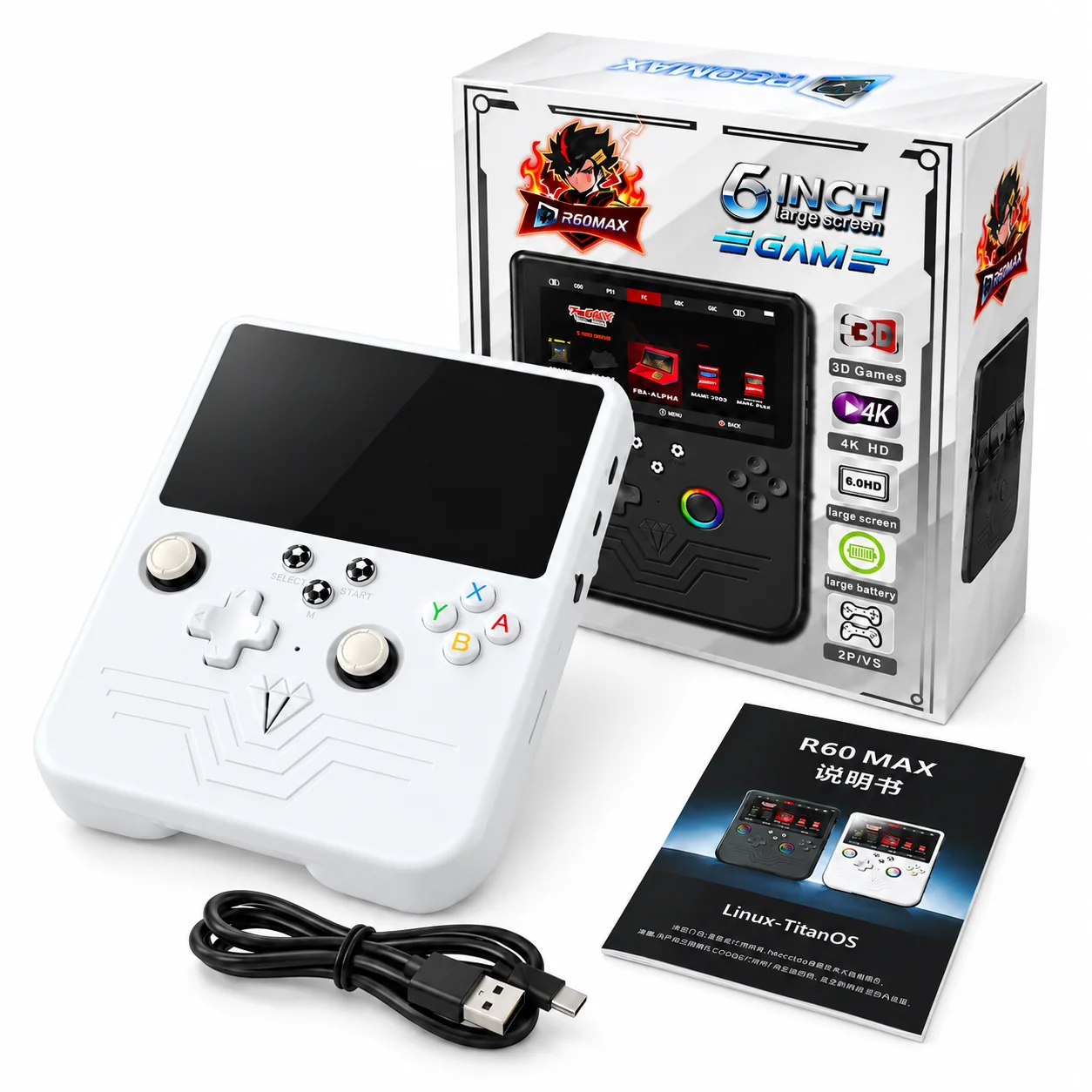 R60 MAX 5.5 Inch Portable Retro Game Console 6000mAh Handheld Arcade Player Dual Joystick MAME Neo Geo Support