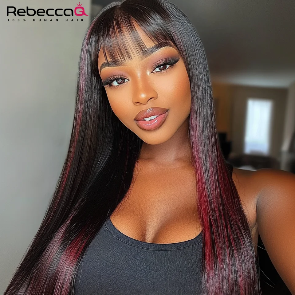 Mix 99J Straight Human Hair Wigs With Bangs For Women Color in 1B with 99J Brazilian Remy Hair Full Machine Made Long Hair Wigs