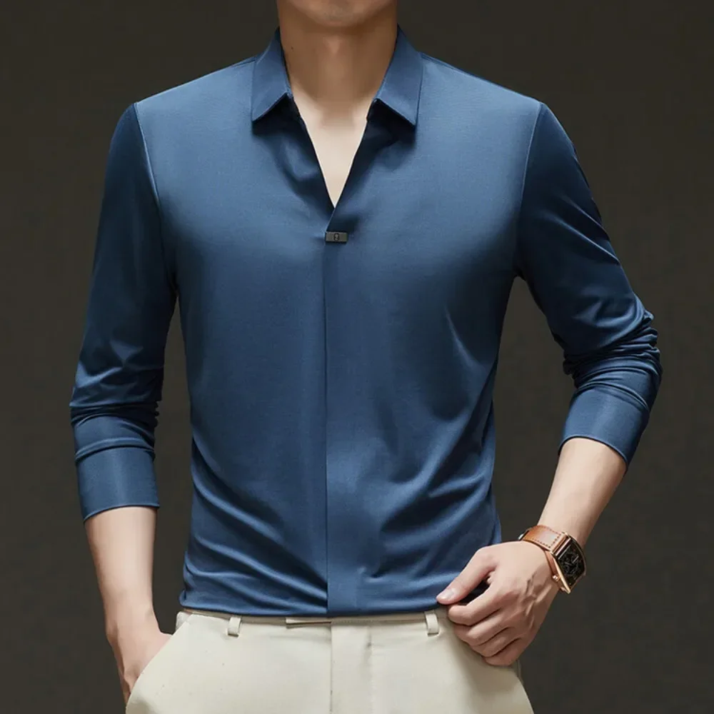 High Quality Traceless Process Men's Seamless Scissor Collar Shirt Without Pilling or Fading  Versatile  Shirts