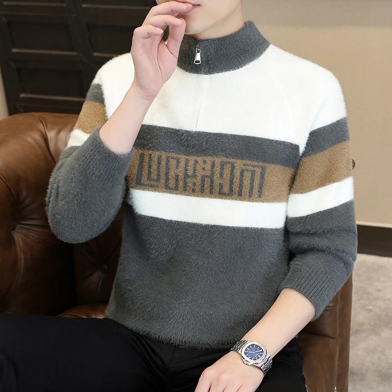 

Мужской утепленный вязаный свитер из искусственного меха норки с высоким воротником, осенне-зимний, новый, повседневный, свободного кроя, с длинными рукавами, на молнии