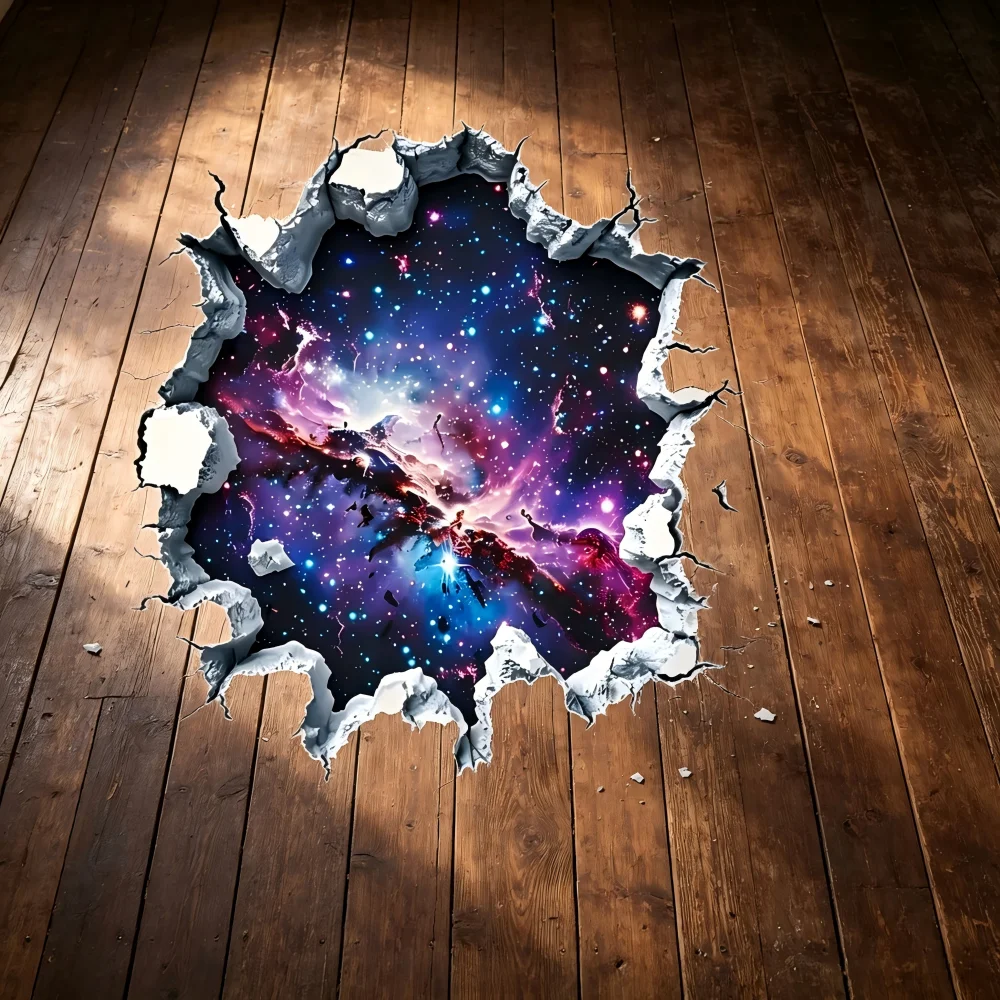 1 glowing blue purple nebula, starry sky galaxy broken wall floor sticker, home decoration sticker