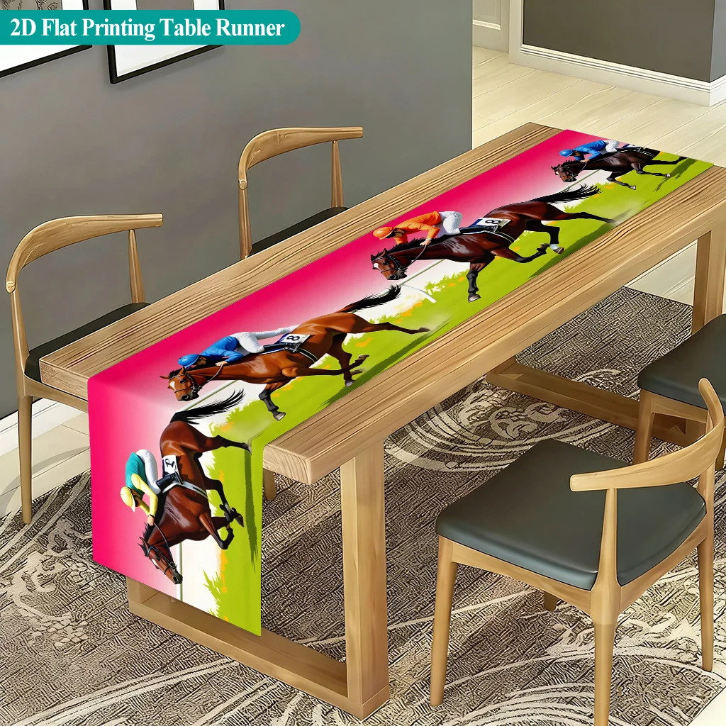 2D Printed Horse Racing Table Runner, Polyester Rectangular Table Cover for Home Party & Holiday Decor