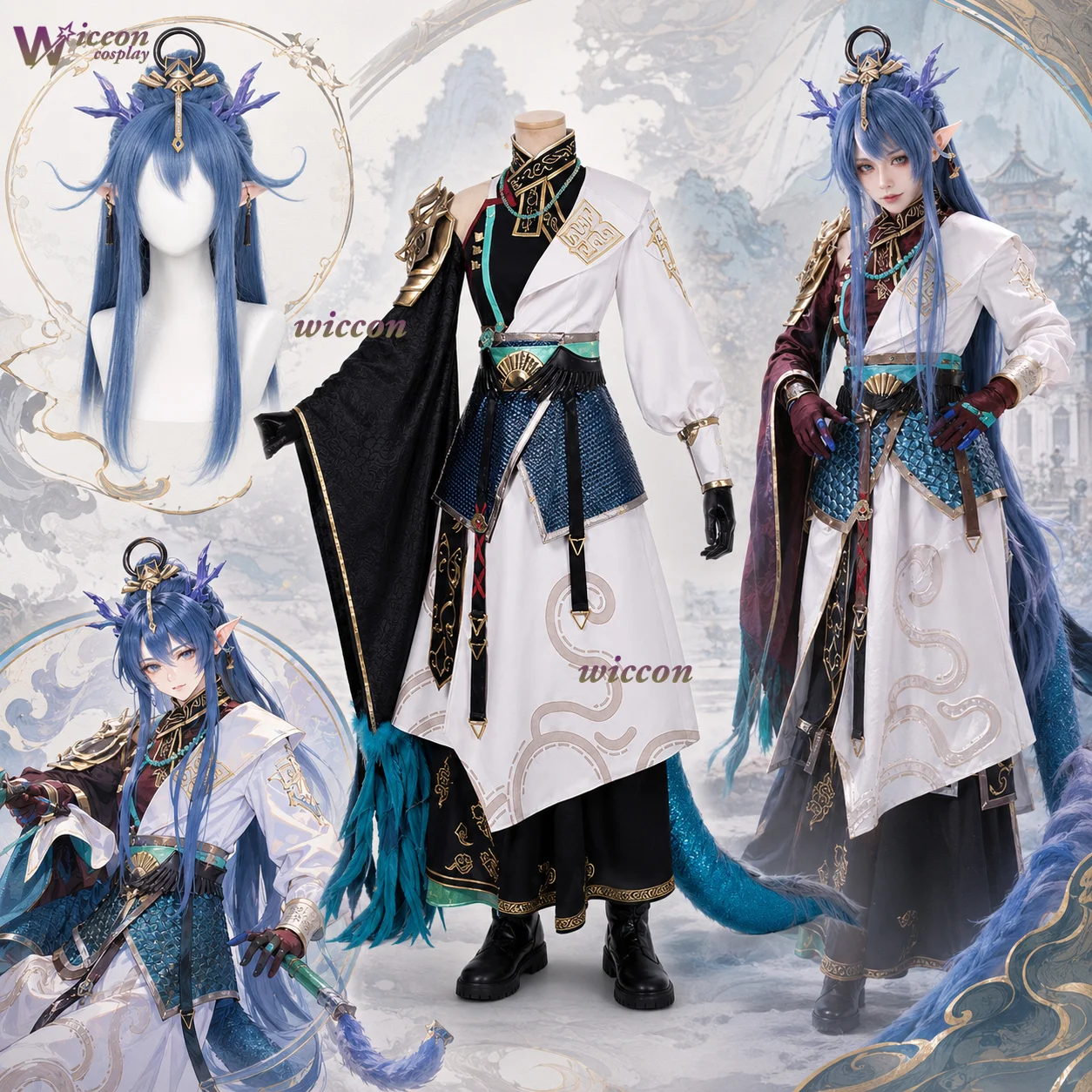 

Arknights Ling Cosplay Costume Ancient Style Beast Pattern White Collar Silver Uniform Anime Role Play Outfit With Wig anime