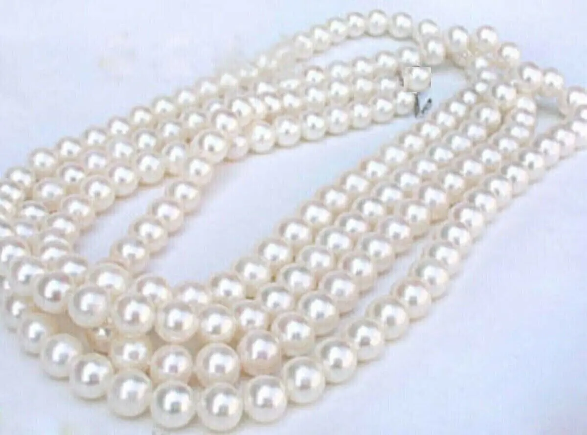 

50 inch 7-8mm AAAAA perfect Akoya white pearl necklace 14kp Yellow Gold Clasp