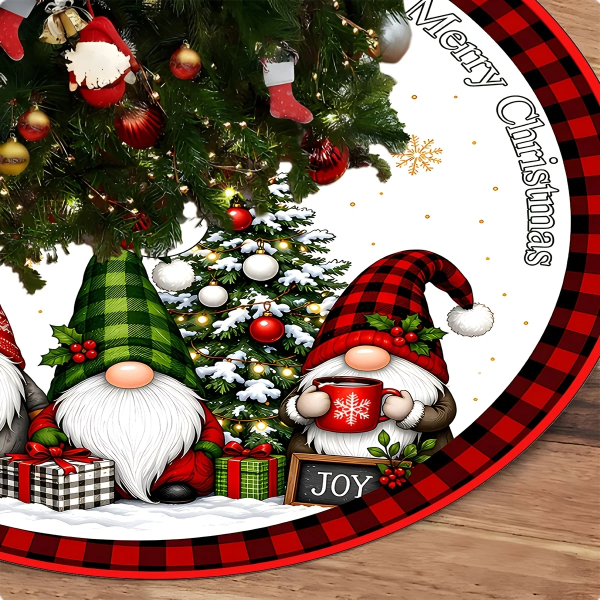 VIKAMA Gnome Christmas Tree Skirt, Cute Plaid Hat Swedish Tomte Rug, Non Slip Washable Flannel Tree Skirt for Home