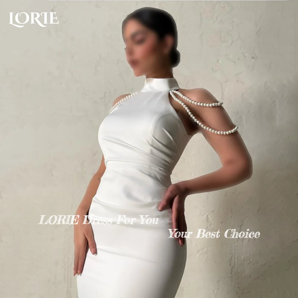 LORIE Halter Mermaid Wedding Dresses Pearls Solid Satin Pleats Sweep Train Bridal Gowns Vintage Customized Bride Dress Party