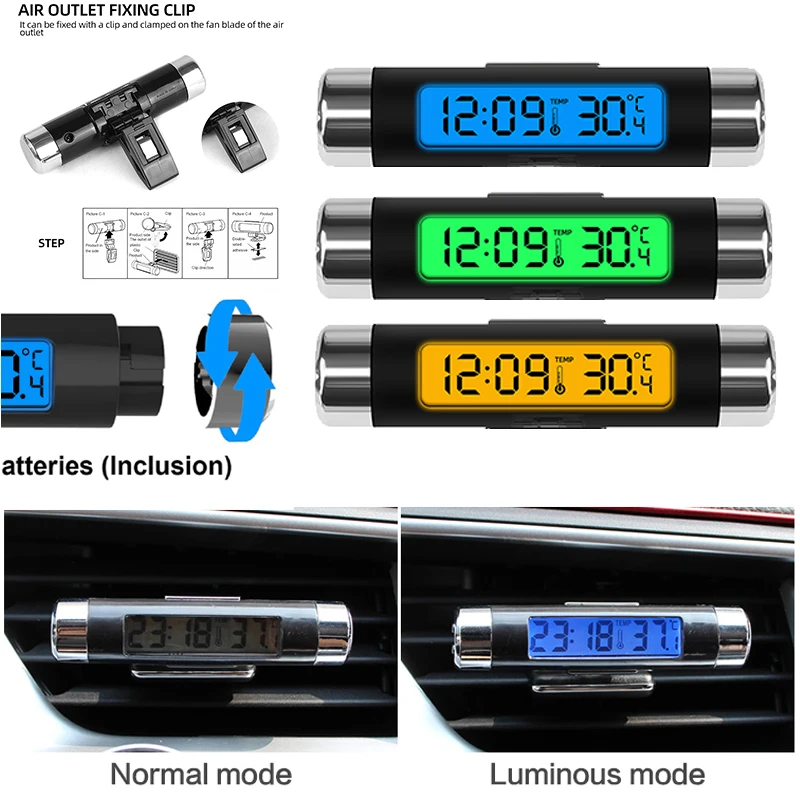 Portable 2 in 1 Car Digital LCD Clock Temperature Display Electronic Clock Thermometer Car Automotive Blue Backlight With Clip