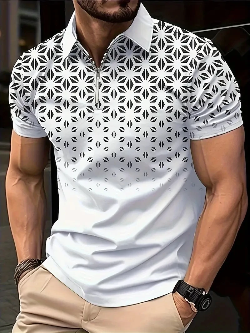 New Men's Zipper Polo Shirt Retro Snow Pattern 3D Printed Retro Men's Short-Sleeved Large Size Street Summer Zipper Polo Shirt