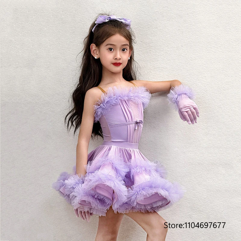 

Танцевальный костюм для девочек 2026: юбка для латиноамериканских танцев, фиолетово-черный, без рукавов, для выступлений на сцене, для детей, для ча-ча-ча и румбы