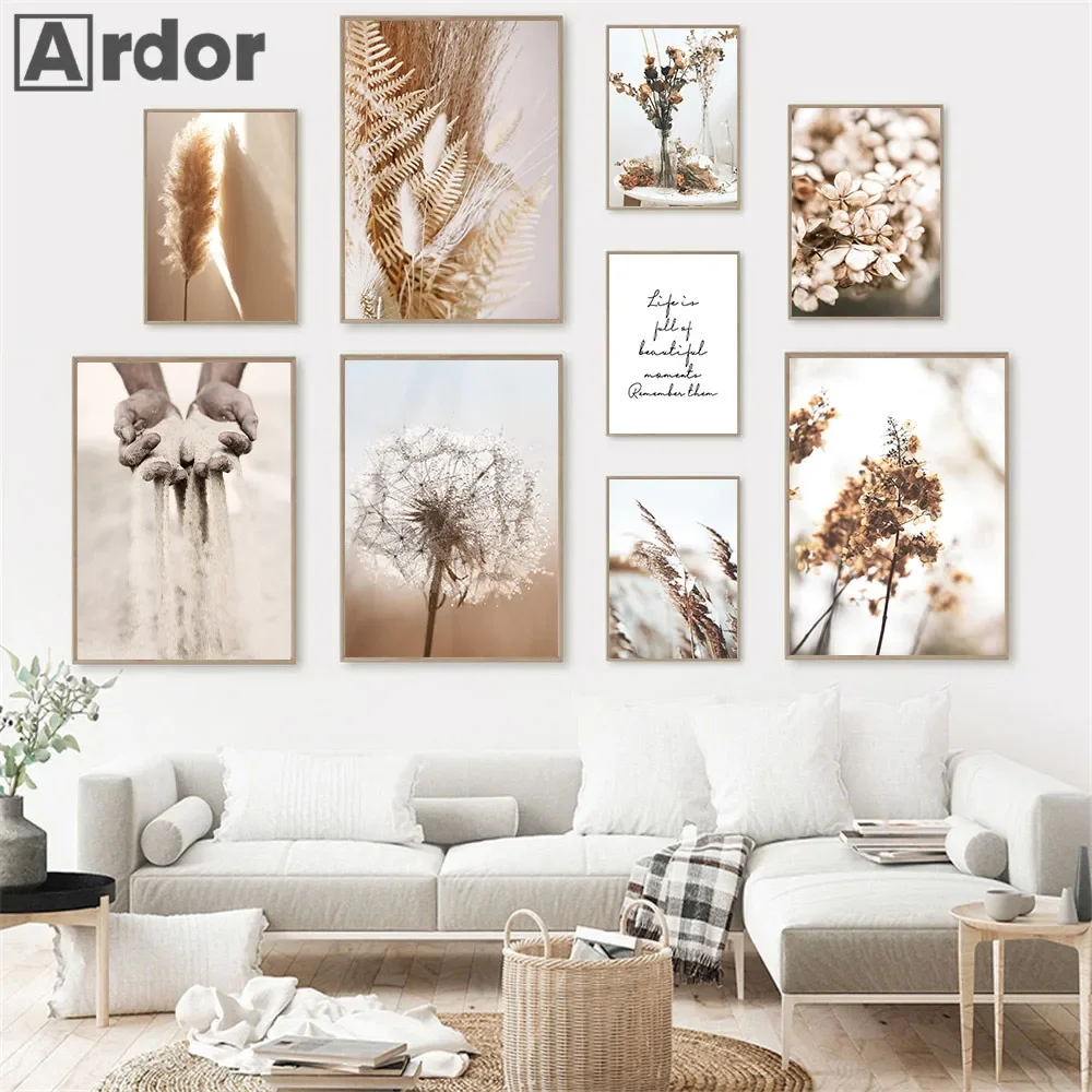 Beige Print Reed Dandelion Canvas Poster Dried Grass Flower Pampas Art Painting Nordic Wall Pictures Living Room Home Decoration