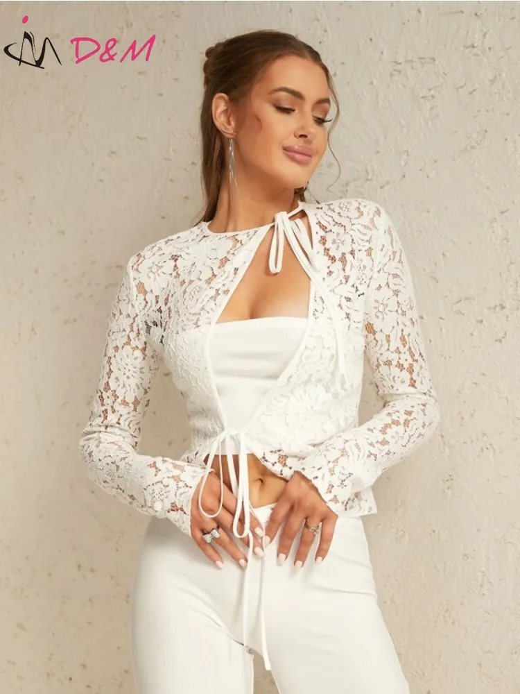 D&M Women Top Elegant Long Sleeves Tie Front Cut Out Lace Tops Without Tube Crop Top Sexys White Spring and Summer Y2k Tops