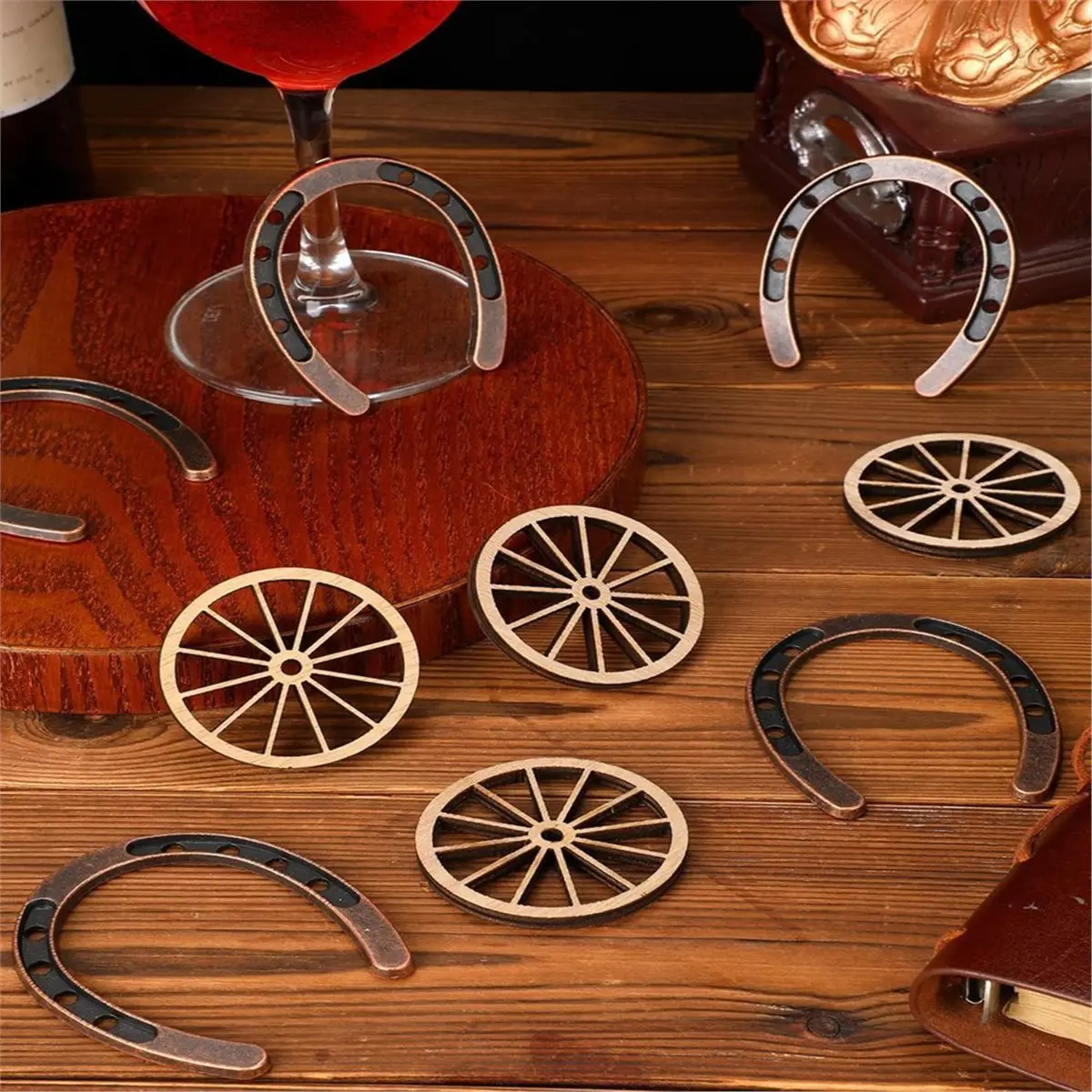 56Pcs Western Theme Party Decorations Mini Horseshoes Wagon Wheel Decor for Crafts Western Cowboy Table Centerpieces