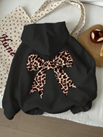 Women Street 2025 Winter Autumn Sweatshirt Leopard Print Bow Printed Top Casual Soft Comfortable Outdoor Sports Women Hoodies