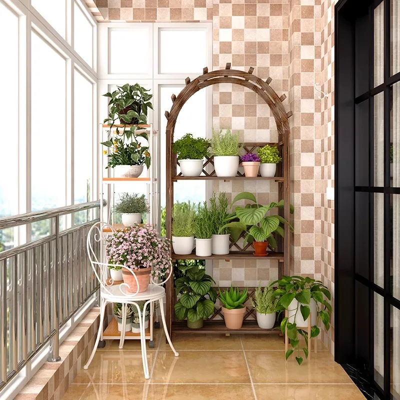 

Solid wood multi-layer flower rack shelf balcony indoor floor-to-ceiling plant rack