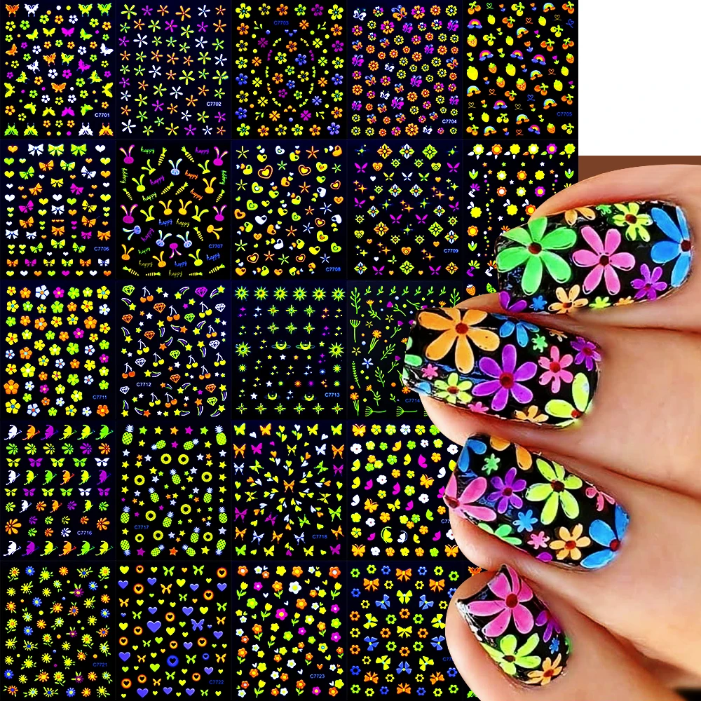 24Pcs Fluorescence Luminous Flowers 3D Nail Sticker Set 5.5*6cm Kawaii 3D Colorful Floret Nail Decal Glow-In-Dark Flower Slider