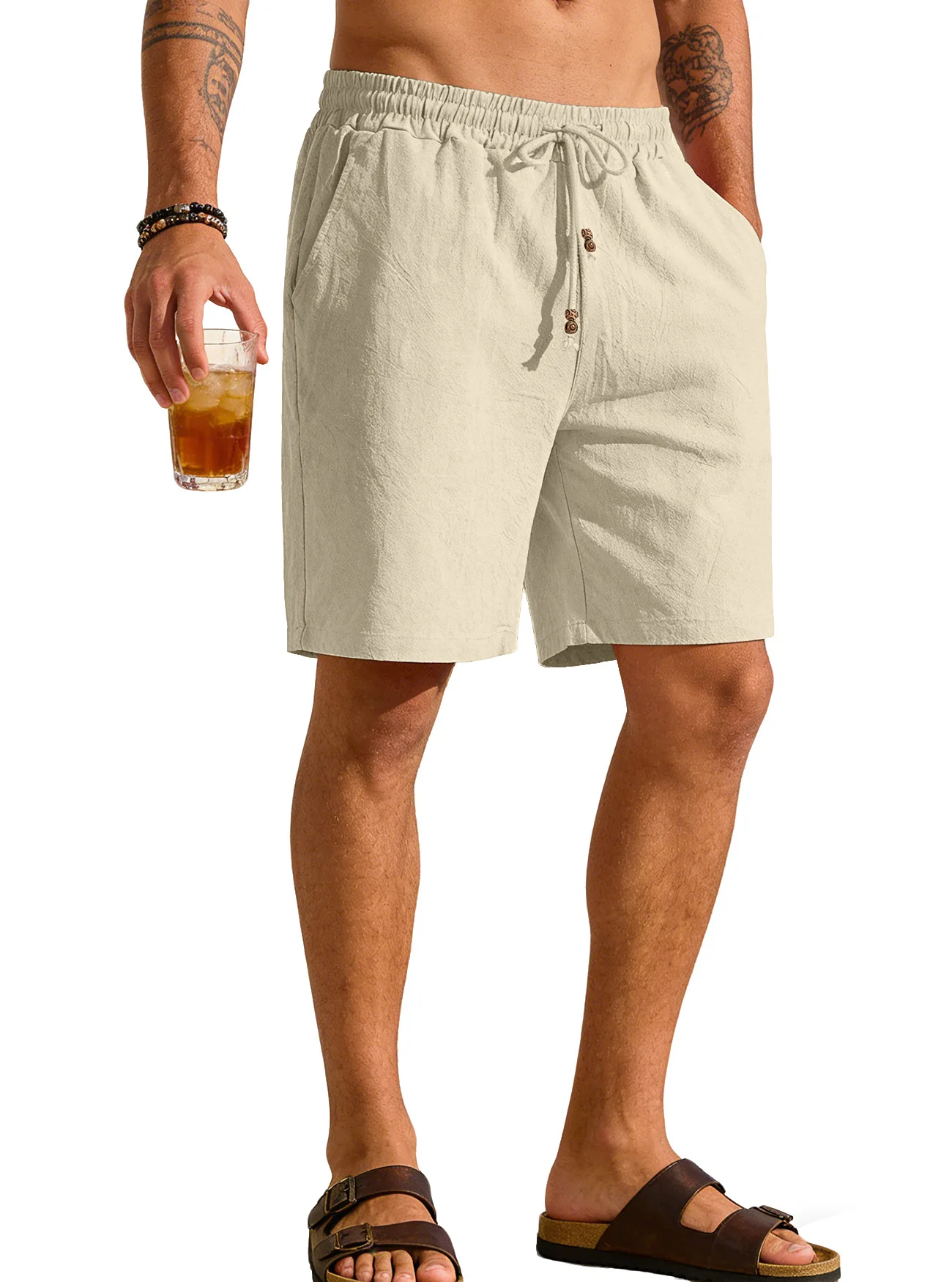 Men Solid Cotton Linen Shorts Summer Loose Lightweight Casual Sports Daily Beach Relaxed Fit Male Short Bottoms