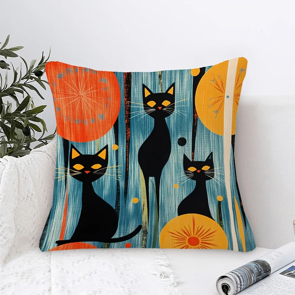 Mid-Century Modern Black Cat Throw Pillow Cover, Retro Atomic Age Geometric Art Decorative Pillow Case