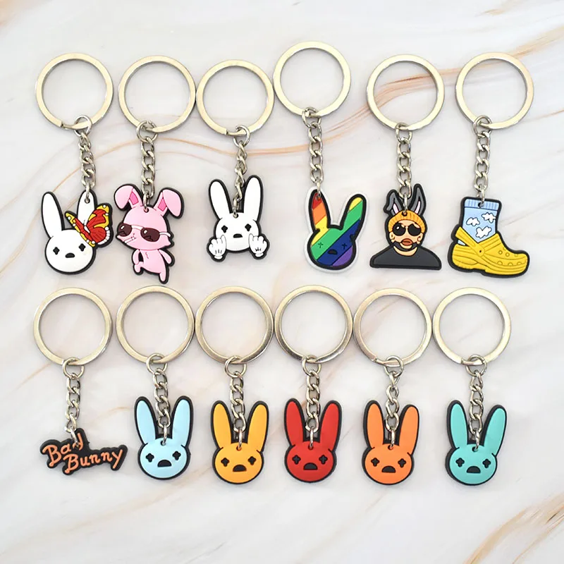 1PCS PVC Keychain Bad Bunny Key Rings Bad Bunny Rabbit Key Holders Fit Adult Kids Party Gift Trinkets Car Keys