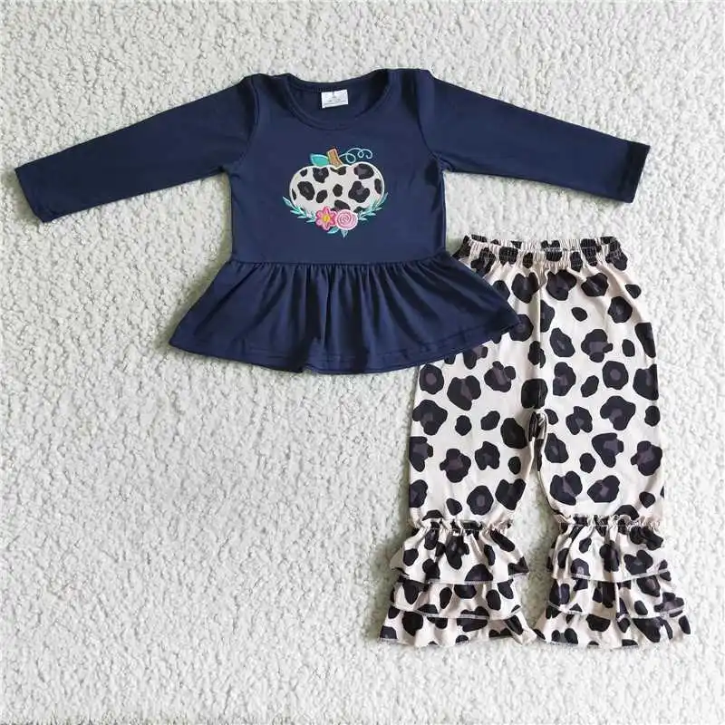 

2022 Baby Western Girls Halloween RTS Dark Blue Pumpkin Long Sleeve Shirt Leopard Print Pants Girls Suit Hot Selling Fashion