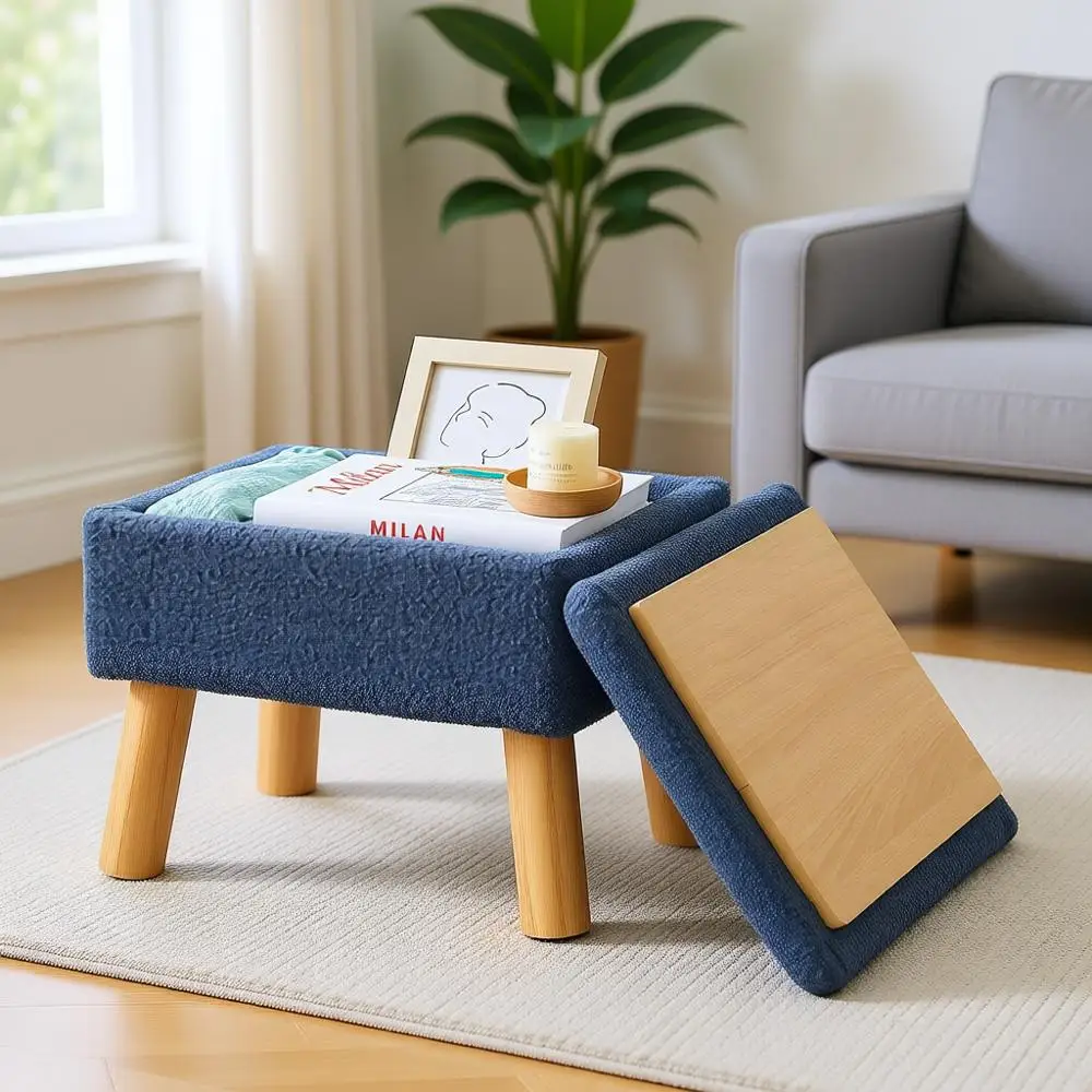 

Compact Velvet Storage Ottoman with Wooden Legs, Ideal for Living Spaces and Entryways in Blue