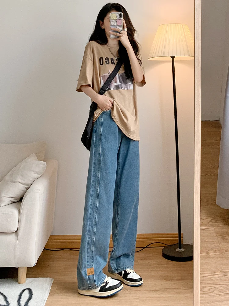 

Джинсы женские с высокой талией, широкие, прямые, свободные, больших размеров, универсальные, драпированные, в пол, весенняя новинка