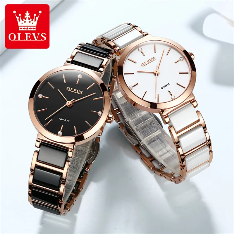 OLEVS 2025 New Women\'s Watches Black Ceramic Luxury Watch Women Fashion Female Wrist Watch For Gift Relogio Mujer 5877