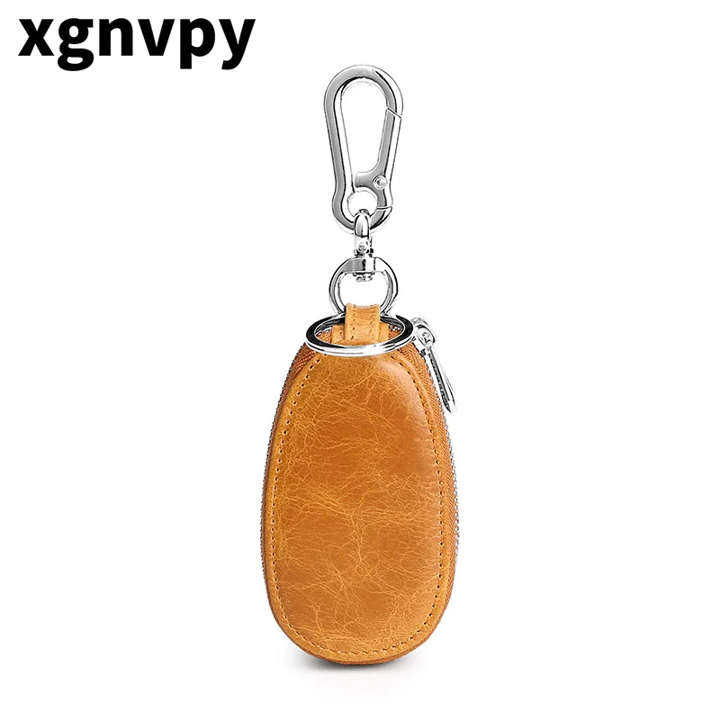 Xgnvpy-Llavero de cuero Premium para hombre, Cartera de doble capa con cremallera, capa superior de piel de vaca Retro