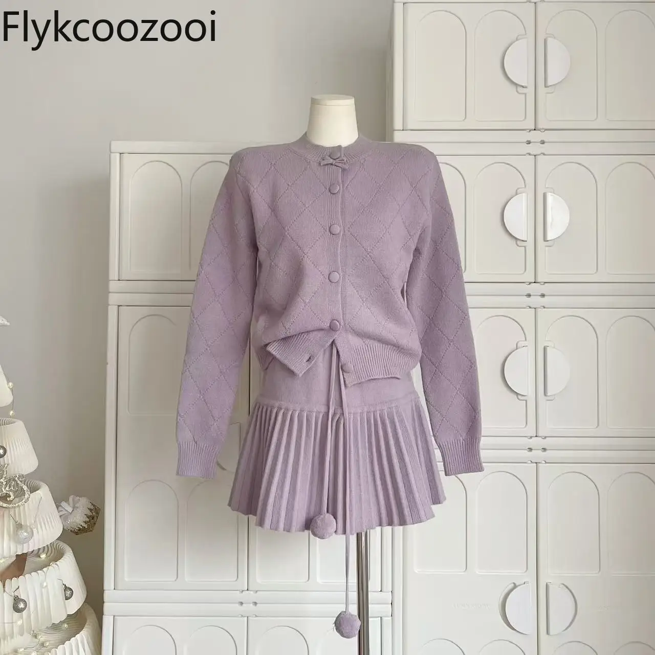 Lavender Purple Bow Knitted Top Ball Pleated Skirt Suit Terninhos Femininos Modernos Women Knitted 2 Pieces Set Outfit