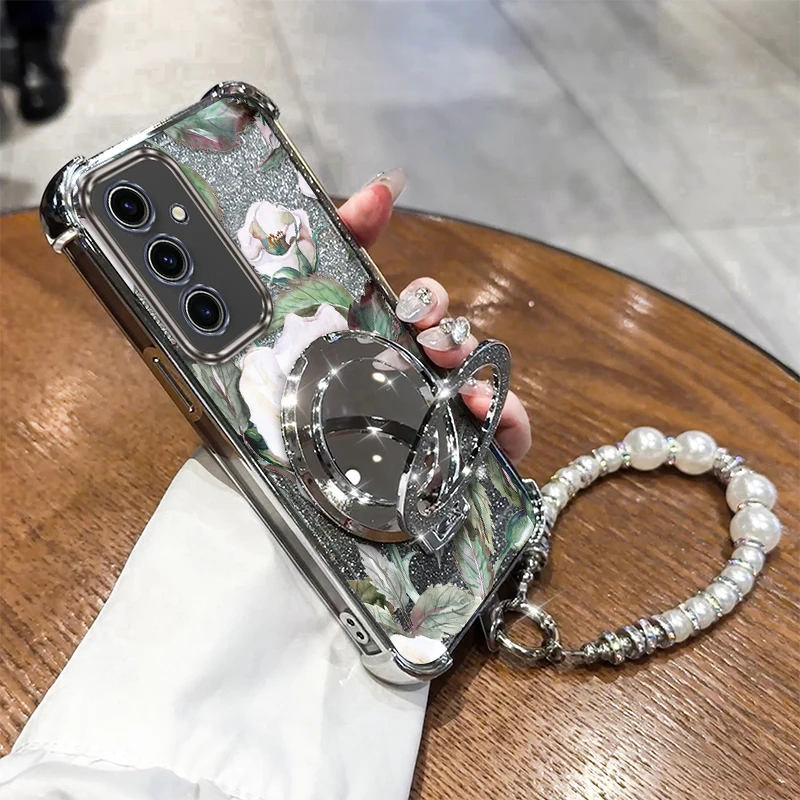 

Чехол-держатель браслета с белыми цветами S 24, чехол для телефона Samsung S23Ultra S23Plus S23FE S25 S24FE S24 S25Ultra S24Ultra Cover