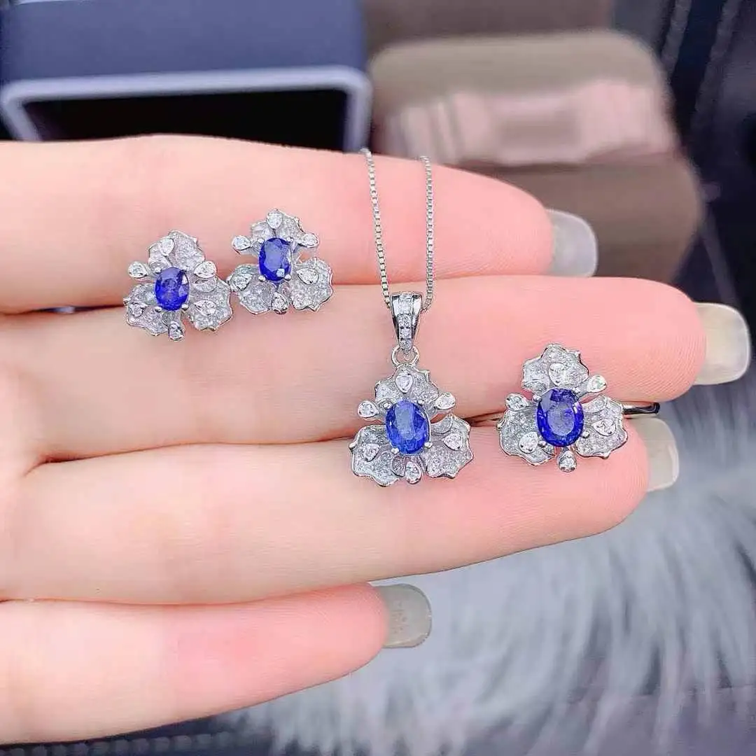 Classic Sapphire Set For Sale 925 Sterling Silver Natural Real Sapphire 1pc ring,1pc pendant,2pcs earrings