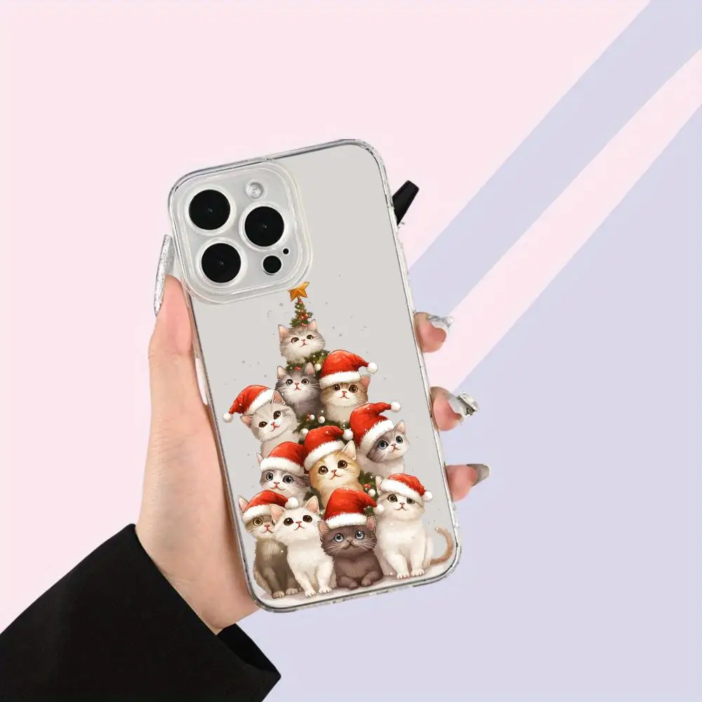 Funda de teléfono con diseño de gato navideño adecuada para iPhone 17 16 15 14 13 12 11 Pro/Max/Plus, funda trasera transparente anticaída y a prueba de golpes