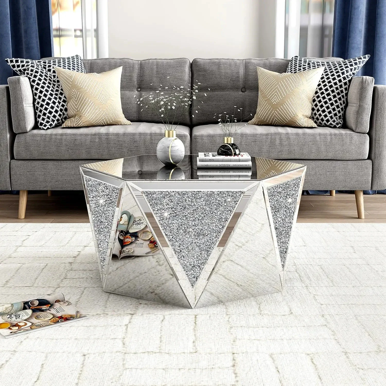 Fashion Drum Coffee Table Mirrored With Crystal Inlay, Hexagon Silver Accent Table, Modern Design Luxury Contemporary Furniture