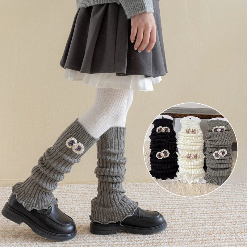 Cute Girls Pure Color Sock Covers with Cat Button Plaid Bow Decor Comfortable Soft Breathable Stretchy Princess Daily Sock Cuffs