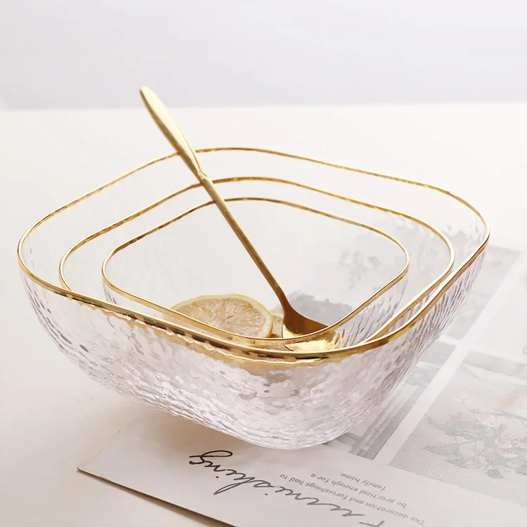 Phnom Penh Hammer Pattern Square Glass Salad Bowl Vegetable and Fruit Bowl Mixed Vegetable Transparent Dessert Bowl