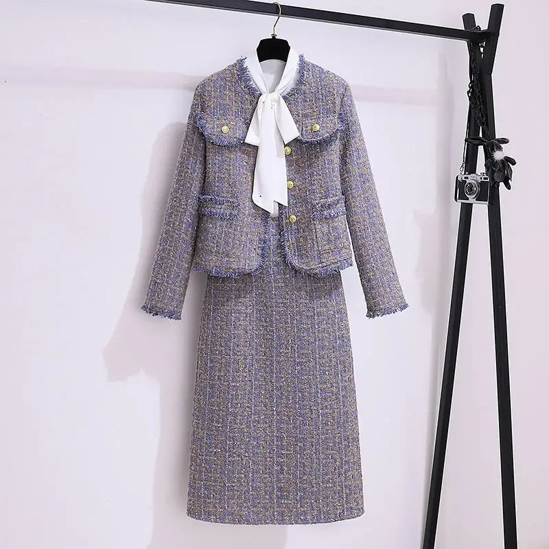 UNXX Small Fragrant Style Short Coarse Tweed Blazers Skirt Suits Vintage Tassel Round Neck Woolen Coat Skirt Two-piece Set Women