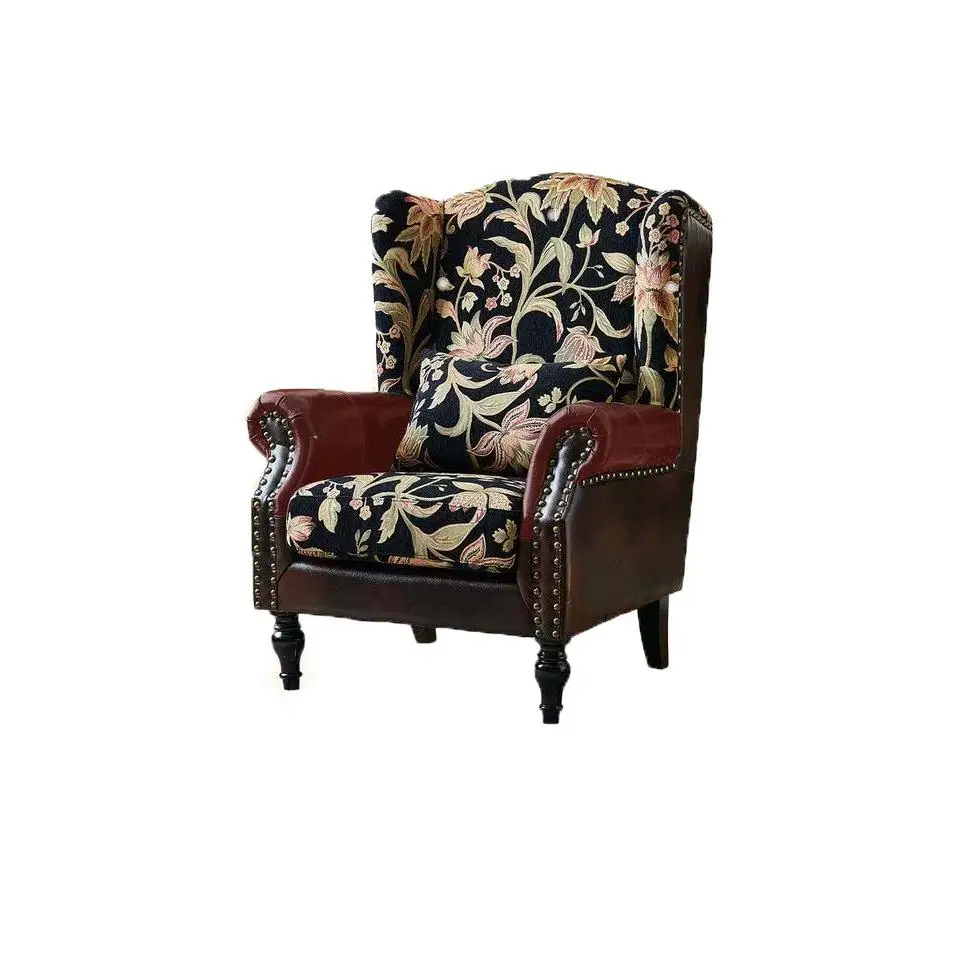 

Tiger chair French retro style fabric leather splicing single chair American living room high back leisure single sofa