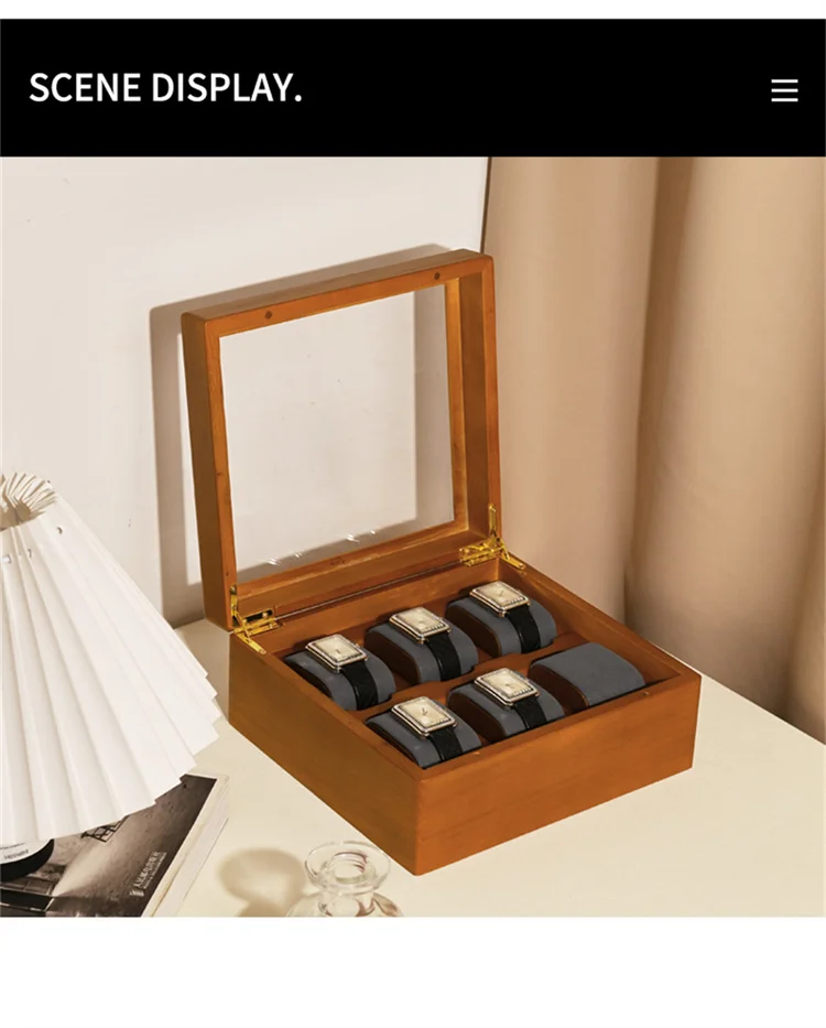 Oirlv Wood Watch Storage Box Delicate Dustproof Glass Cover Watch Box Wristwatch Collection Box Display Storage 6-Gird Watch Box
