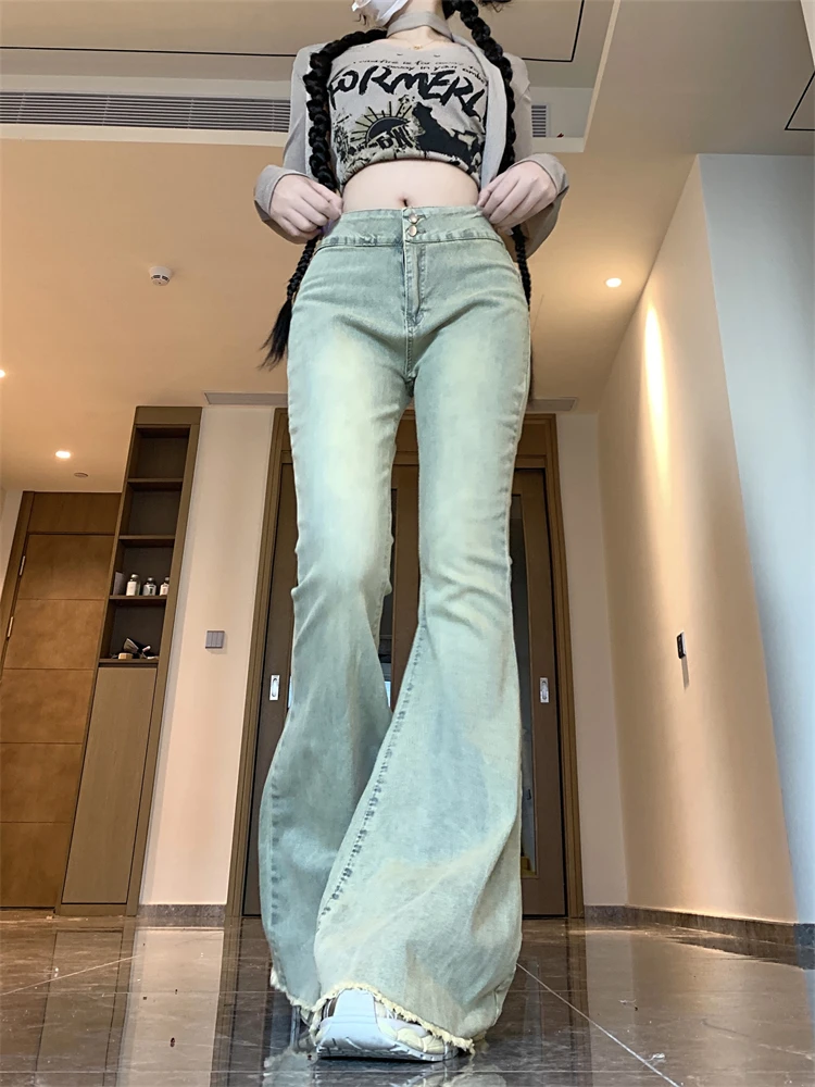 Women's Fish Tail Edge Design Slim Flared Pants Cool Girl High Waisted Streetwear Fashion Pants Female Vintage Denim Trouser