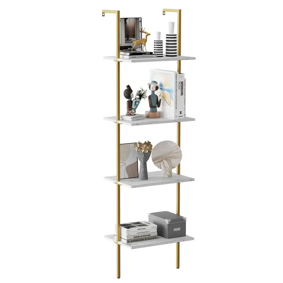 

Ladder Shelf 4 Tiers Metal Industrial Bookshelf,White Marble Wood Tall Open Storage Rack and Display Shelves,Wall Mount Wide Boo