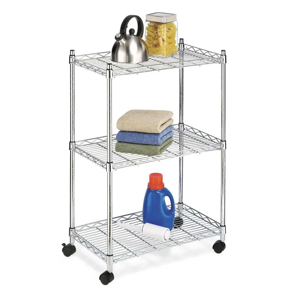 3-Tier Rolling Utility Organizer Cart Heavy-Duty Chrome Steel 250 lb Shelf Capacity Adjustable Shelves Mobile Storage Solution