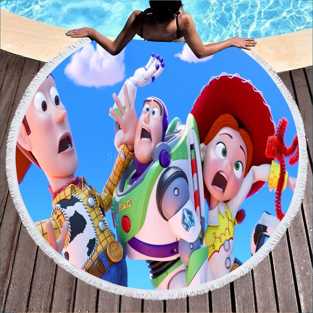 

2023 Disney Toy Story Buzz Lightyear Woody Baby Children Beach Towel Sport Swimming Bath Towel with Tassel 150cm Round