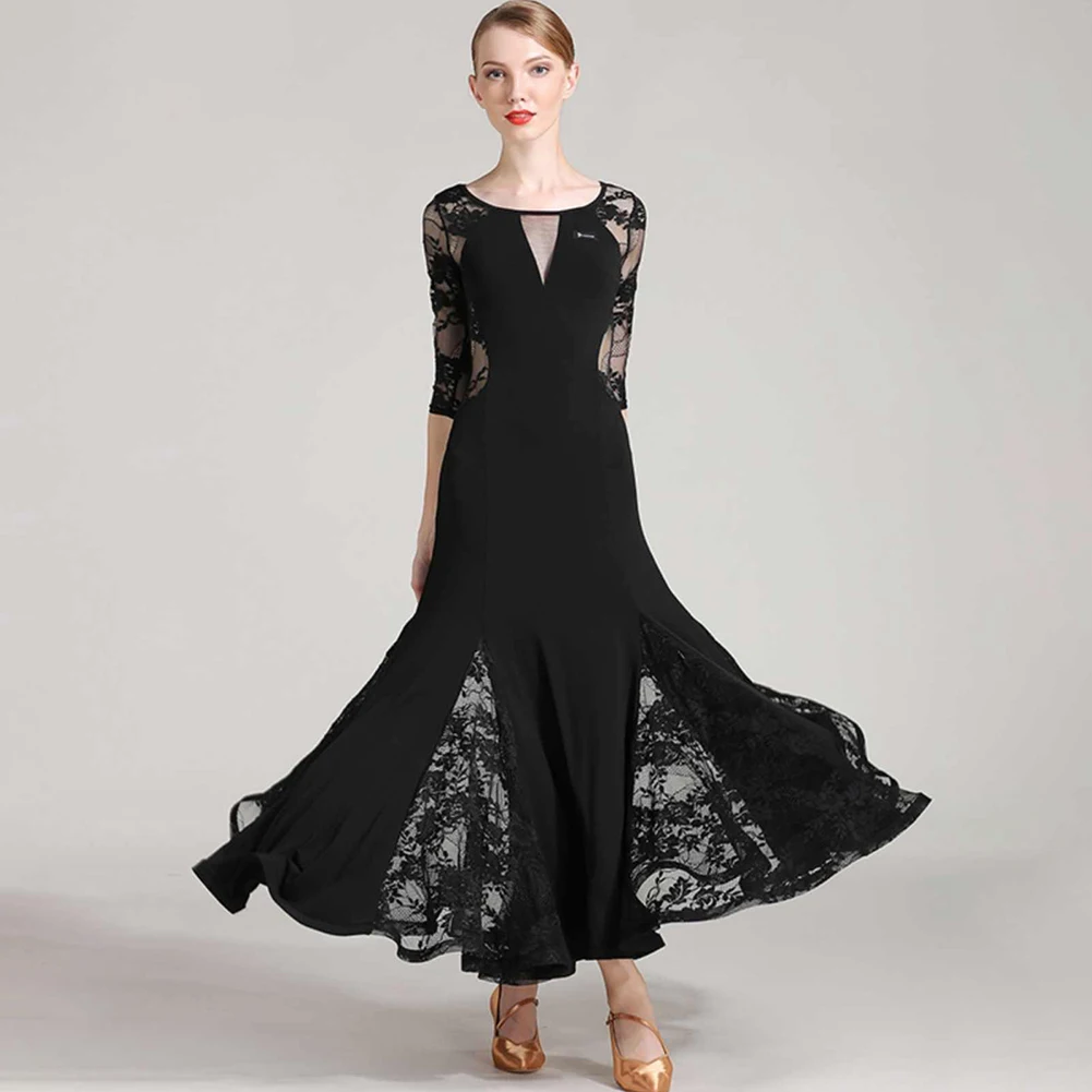 Black Dance Suit Waltz Lace Competition Ballroom Dancing Dress Womens Ginger Middle Sleeve Round Neck Large Skirt Blue Costume