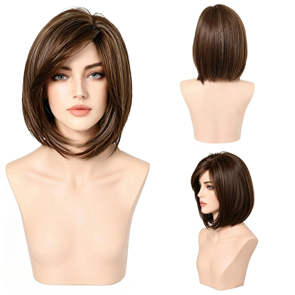 Dark Brown Highlight Short Bob Wig Women Inward Layered Cut High Temperature Fiber Synthetic Hair Natural Looking Daily Wear