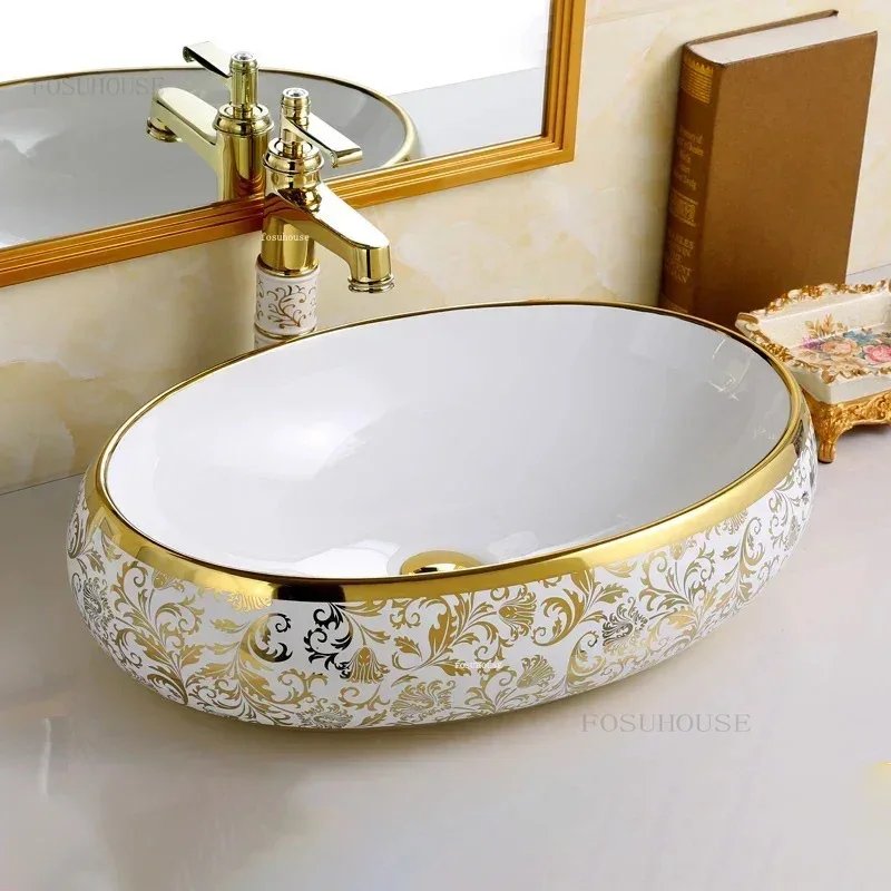 

Modern Fashion Bathroom Sinks Nordic Gold Oval Washbasin Creative Toilet Simple Household Above Counter Basin Bathroom Fixtures